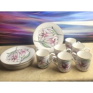NORITAKE Lily Delight - Set of 6 Plates & 6 Mugs/ Teacups - Pink, Vintage, Y2K